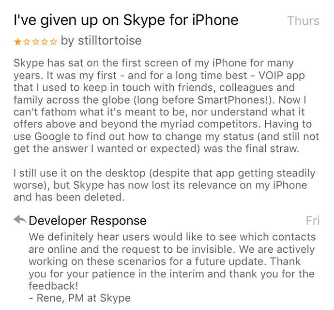 skype app developers responding to app review again