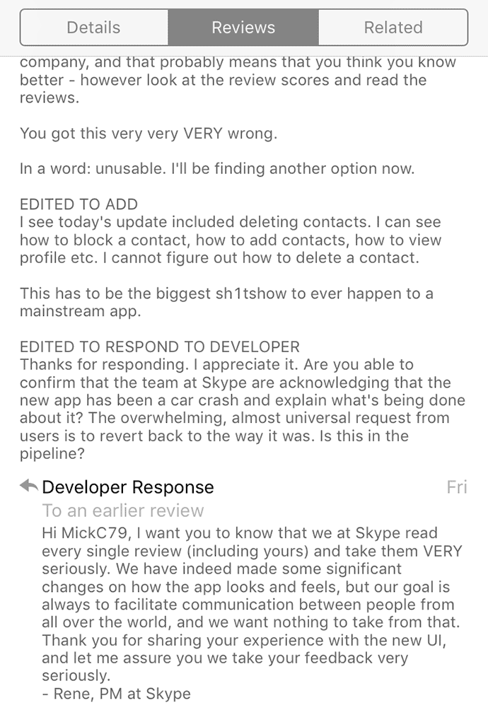 skype app developers responding to app review
