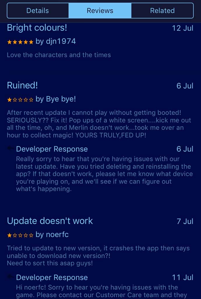 disney magic kingdom app responding to review