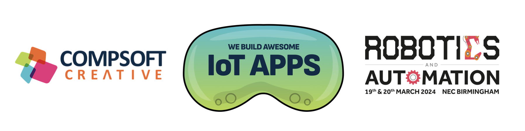 Compsoft Creative Logo and Apple Vision Pro Illustration with the words "We build awesome IoT Apps" and Robotics and Automation 2024 event logo